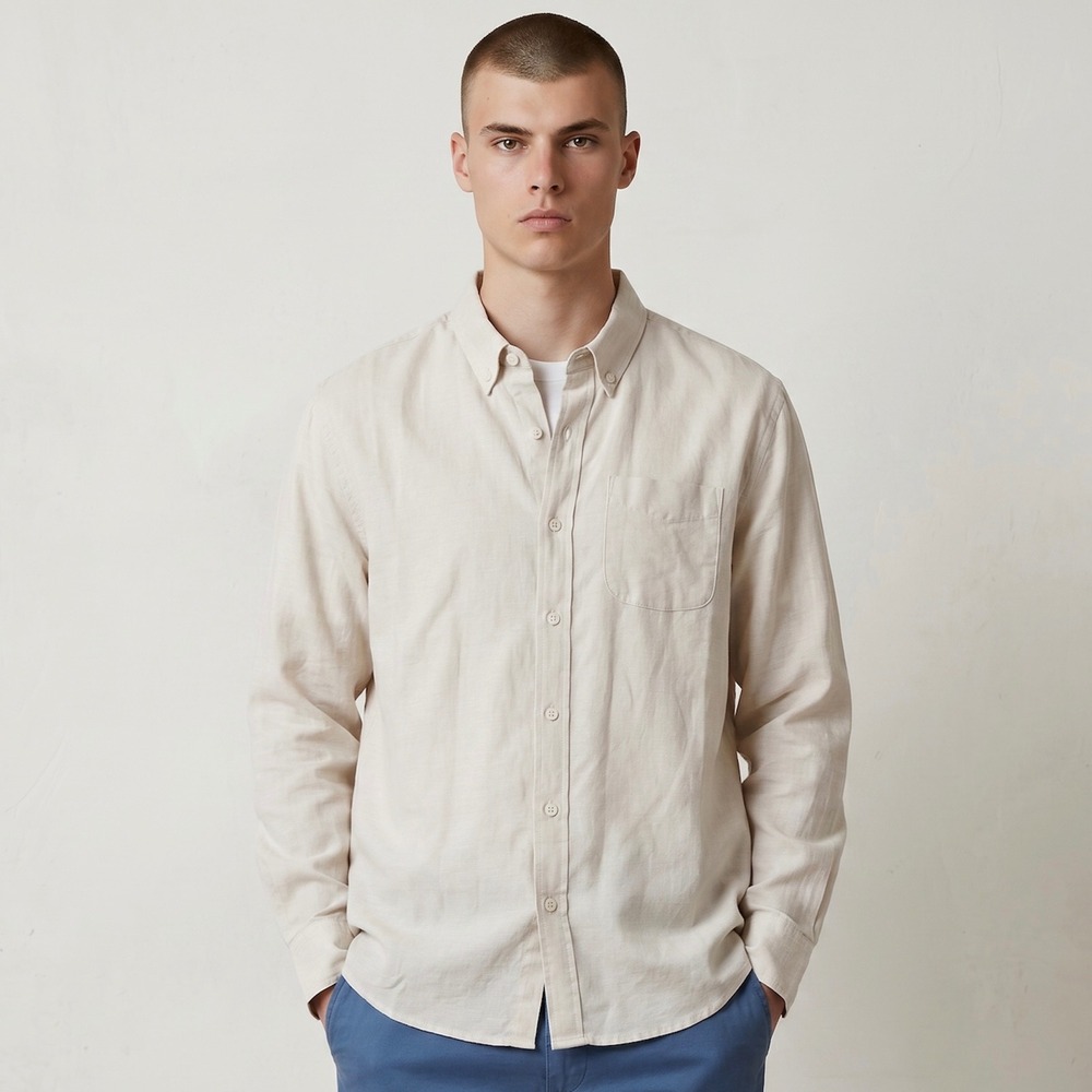 Wills Huckleberry Wrinkle Free Shirt Mens Medium Beige Linen Blend Button Down
